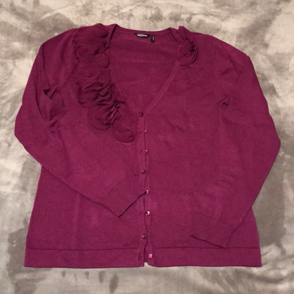 Daisy Fuentes Plum Cardigan with Floral Appliqué